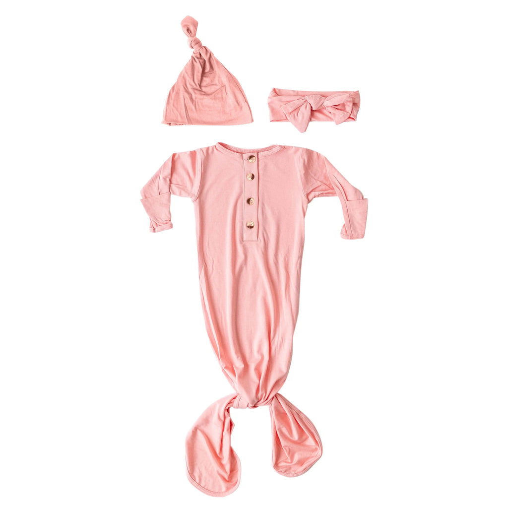 Newborn Knotted Baby Gown and Hat Set with Headband - Pink
