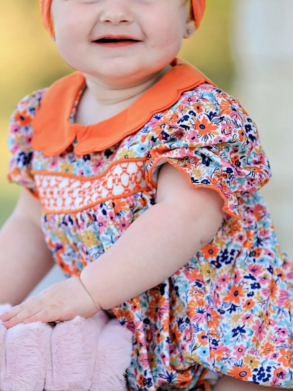 Fall Floral Smocked Petals Collar Girls Bubble Romper